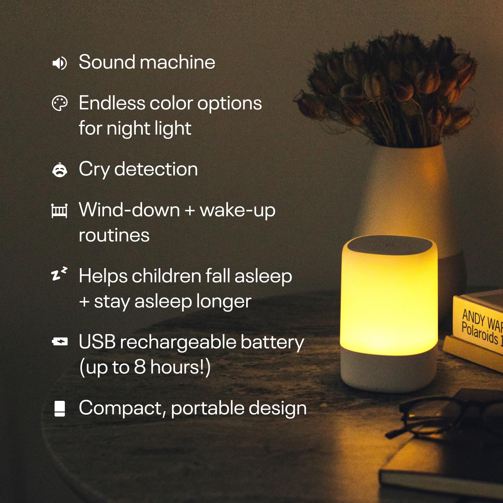 Nanit Sound and Light Smart Baby Night Light and Sound Machine | Cry Detection Alert Feature | OK to Wake Alarm Clock for Kids | Rechargeable Battery | WiFi
