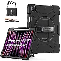 Case for iPad Pro 12.9 2022 6th Generation/2021 5th Gen: Military Grade Silicone Protective Cover for iPad 12.9 2020 Inch 4th Gen W/Pencil Holder - Stand - Handle - Shoulder Strap Black