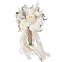 CEWOR Wedding Bouquets for Bride Bridesmaid, White Champagne Artificial Roses Flowers Wedding Decoration (7.5in)