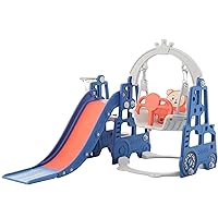 4-in-1 Swing Set and Toddler Climber, Extra-Long Slide, Safety Belt, Children's Play Climbing Slide Set with Basketball Stand, Backyard Baby Slide Set (Antique Blue, 4 in 1)