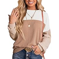 Dokotoo Womens Fashion 2024 Color Block Long Sleeve Crewneck Knitted Casual Loose Pullover Shirts Tops