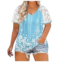 Plus-Size-Tops for Women Summer V Neck Casual Shirts Lace Short Sleeve Tees Printed Loose Comfortable T Shirts