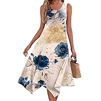 Womens Casual Summer Dress Summer Dresses for Women 2024 Vintage Floral Print Casual Fashion with Sleeveless Round Neck Flowy Swing Dress Royal Blue XX-Large