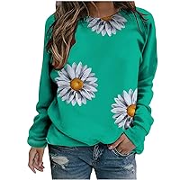 QIGUANDZ Women's Cute Daisy Printed Crewneck Pullover Sweatshirts 2023 Fall Vintage Long Sleeve Casual Loose Fit Fashion Tops