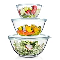Glass Mixing Bowls with Lids Set of 3（4.5QT,2.7QT, 1.1QT, Large Kitchen Salad Bowls, Space-Saving Nesting Bowls, Round Glass Serving Bowls for Cooking,Baking,Prepping,Dishwasher Safe