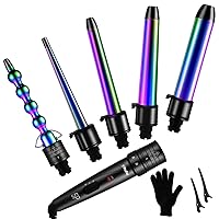 5 in 1 Curling Wand Set: Ohuhu Curling Iron Wand 5Pcs 0.35 to 1.25 Inch Interchangeable Ceramic Barrel Heat Protective Glove 2 Clips Dual Voltage Hair Curler for Girls Women Mother's Day Gift Rainbow