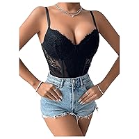 Milumia Women's Floral Lace Mesh Bustier Bodysuits Spaghetti Strap Sheer Jumpsuits Camisole Tops