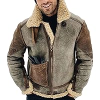 Men's Retro Sherpa Fleece Lined Jacket Faux Pu Leather Lapel Trucker Jacket Distressed Full-Zip Winter Warm Coat