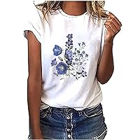 Black Turtleneck Womens Top Cotton Ribbed Fashion Blouse Floral Plant Print Pullover Round Neck Loose Fit Shirt