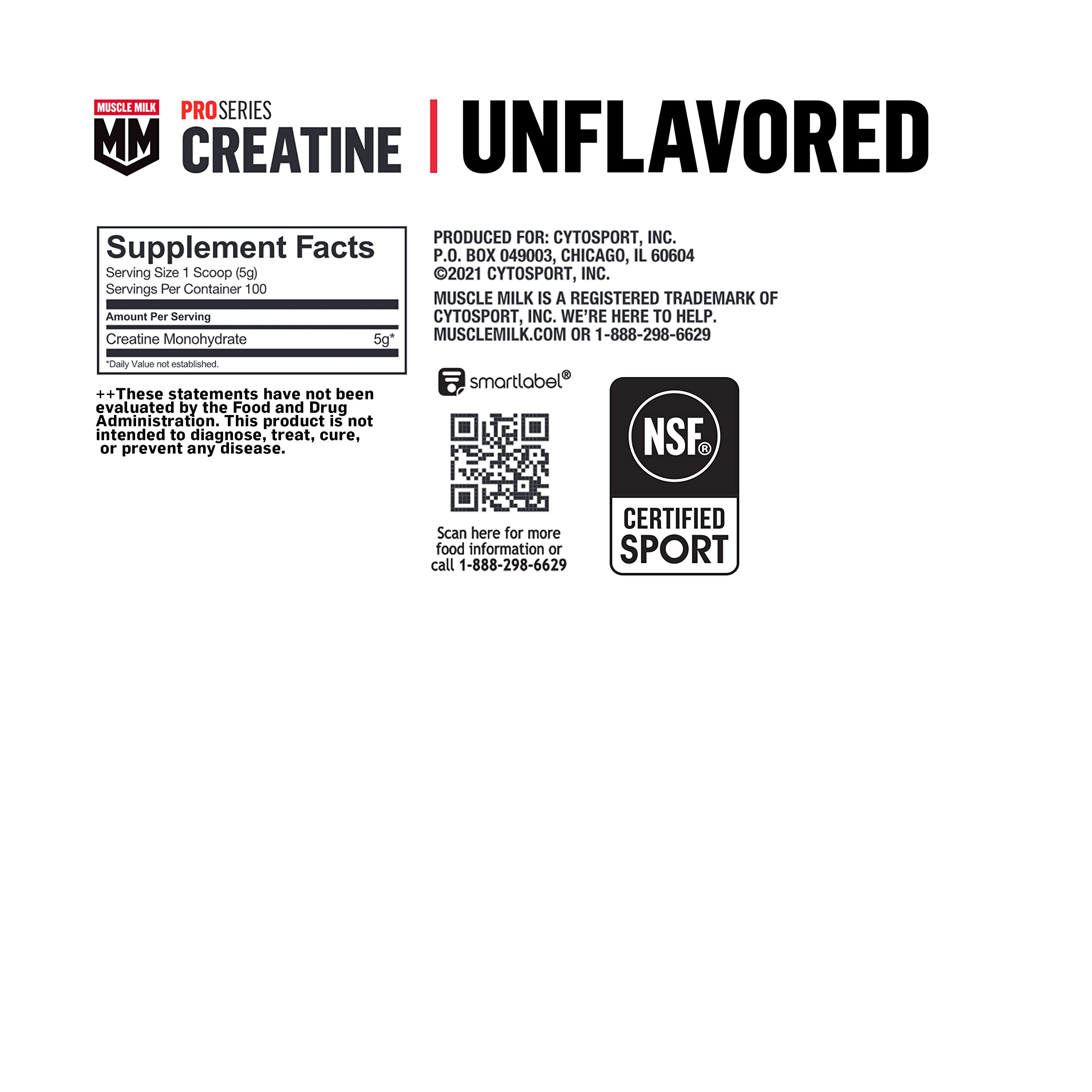 Muscle Milk Pro Series Creatine Powder Supplement, Unflavored, 1.1 Pound, 100 Servings, 5g Creatine Monohydrate, NSF Certified for Sport, Packaging May Vary