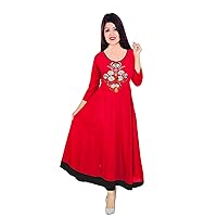 Women's Embroidered Long Dress Ethnic Frock Suit Tunic Casual Maxi Dress Red Color