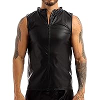 ACSUSS Men's PVC Wet Look Leather Sleeveless Vest T-Shirt Hooded Tank Top Clubwear