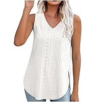 Women Split Side Curved Hem Tank Tops Summer Eyelet Embroidery Sleeveless T-Shirts Casual V Neck Hollow Tunic Blouse