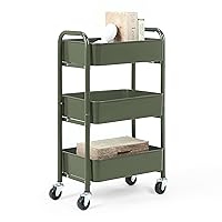 SunnyPoint 3-Tier Delicate Compact Rolling Metal Storage Organizer - Mobile Utility Cart Kitchen/Under Desk Cart with Caster Wheels (Army, Compact (15.5