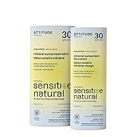 Bundle of ATTITUDE Mineral Sunscreen Face and Body Stick for Sensitive Skin, SPF 30, EWG Verified, Plastic-Free, Broad Spectrum UVA/UVB Protection with Zinc Oxide, Vegan, Unscented