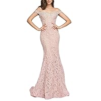 Women's V Neckline Beaded Evening Gowns Mermaid Lace Prom Dresses Long