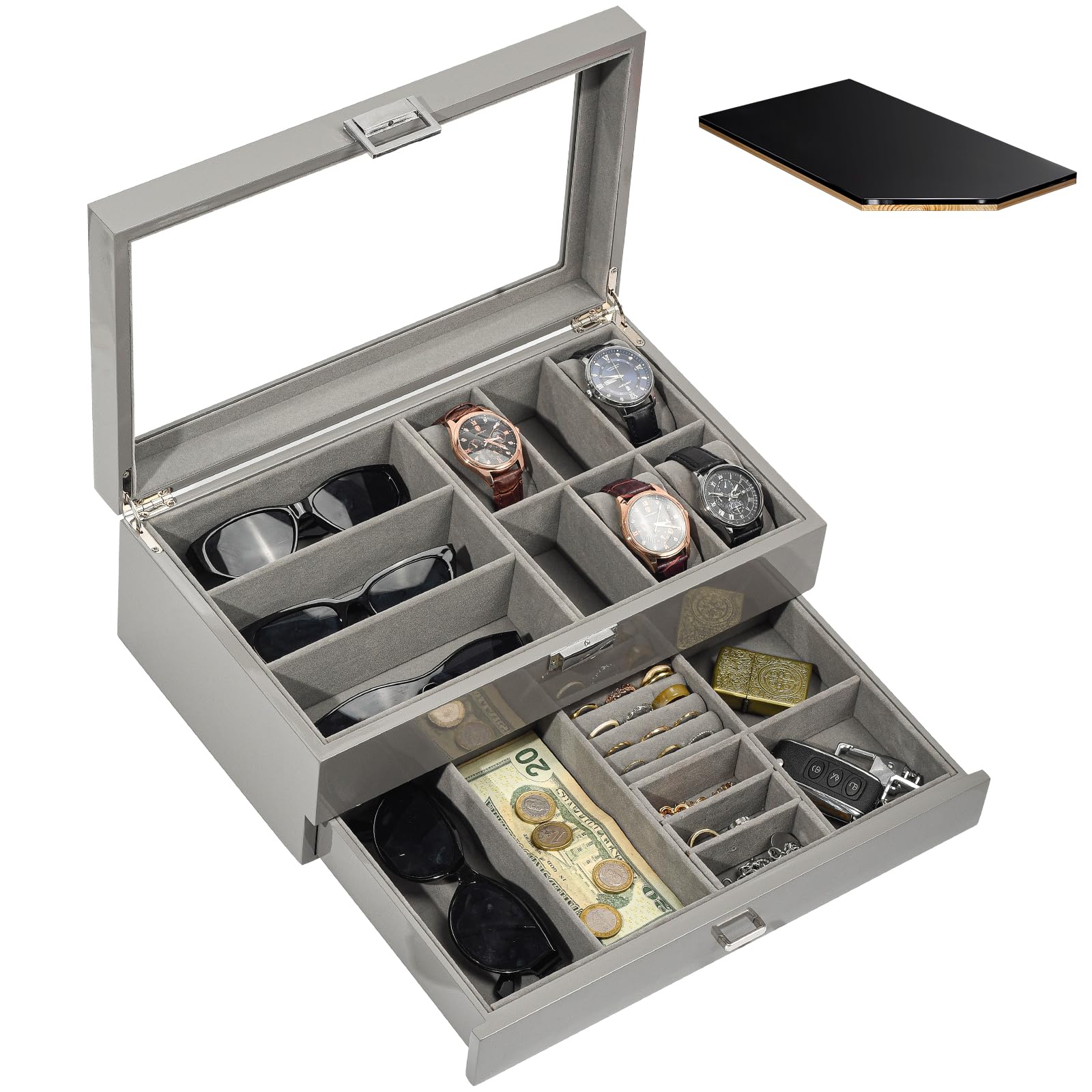 ProCase Lacquered Finish Wooden Men's Jewelry Box, Watch and Sunglasses Box Organizer for Men, 2-Tier Watch Holder Display Cases with Clear Glass Top and Storage Drawer -Grey