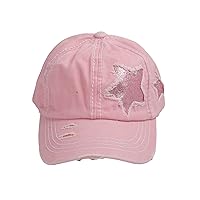 C.C Distressed Ponycap Cap Messy High Bun Glitter Star Design Hat