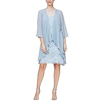 S.L. Fashions Women's Petite Short Sequin Lace Dress with Chiffon Jacket, Hydrangea