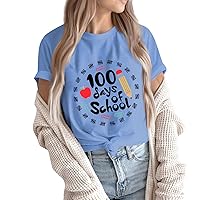 Cute 100th Day of School Shirt, Teachers 100 Days T-Shirt Round Neck Teacher Shirt Letter Printed Short Sleeve