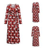 Christmas Maxi Dress for Women High Waist Cocktail Party Dress Xmas Printed Holiday Swing Dress with Belt