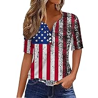 Flag Day Summer 3/4 Sleeve Tops for Women Plus Size USA Printed 4th of July Shirts Casual V-Neck Independence Day