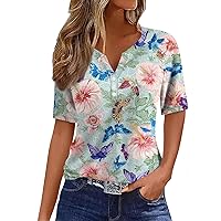 Womens Summer Tops V- Neck T Shirt Tee Print Button Short Sleeve Daily Weekend Fashion Basic Regular Top