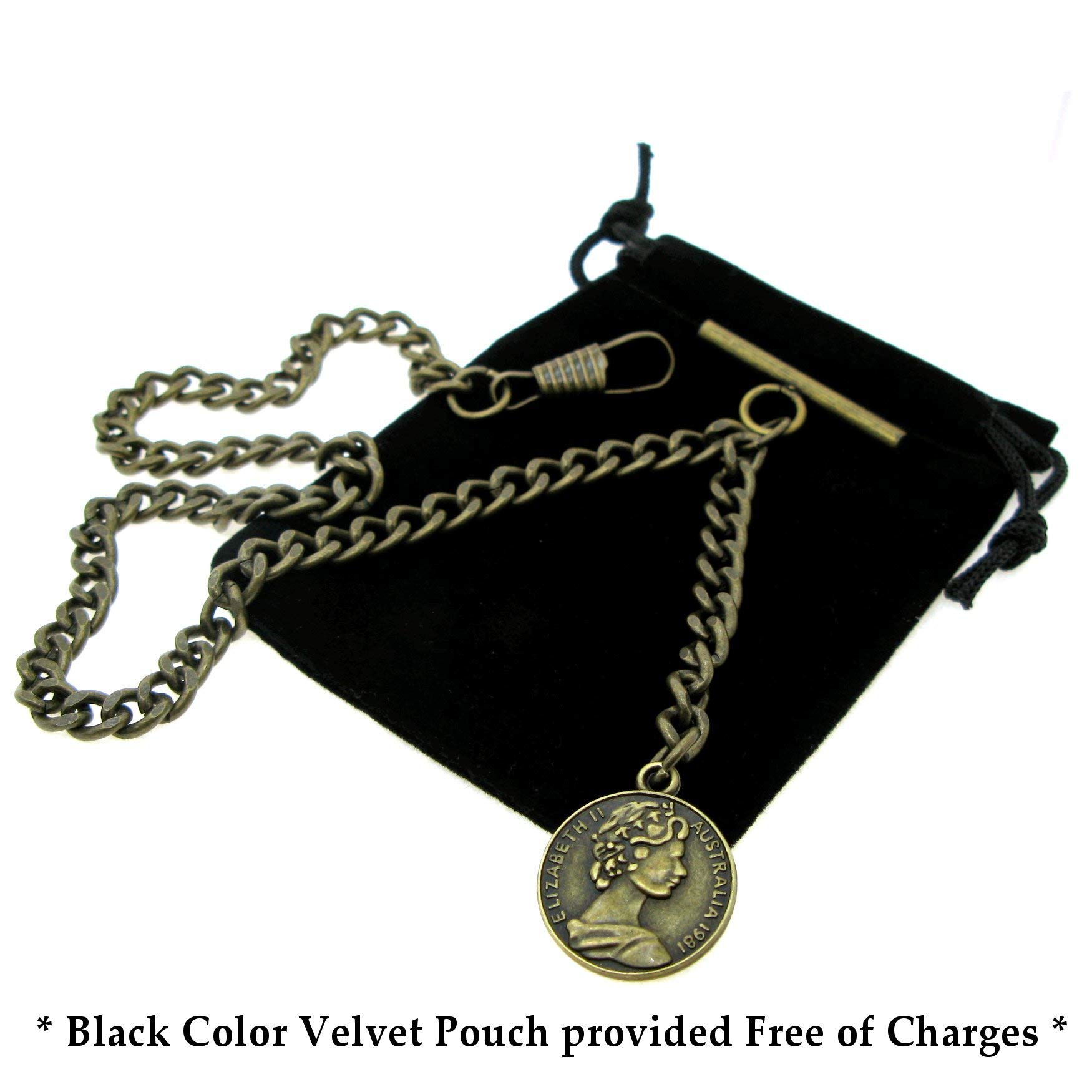 Albert Chain Pocket Watch Chains for Men Antique Brass Color Queen Elizabeth Half Penny Coin Design Fob T Bar AC106