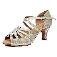TDA Womens Ankle Strap Peep Toe Cut-out Crystals Glitter Synthetic Low Heel Tango Ballroom Latin Dance Wedding Shoes