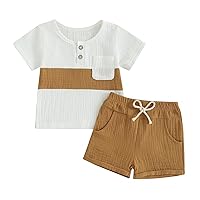fhutpw Baby Boy Summer Outfits Henley Shirt Soft Pocket Short Sleeve Tops & Shorts Sets Infant 3 6 12 18 Months 2T Clothes (B-Khaki, 3-6 Months)