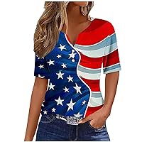 Women's Short Sleeve Shirts T Shirt USA Flag Printed Summer Button Short Independence Day Flag Shirt V Neck Vintage Tops