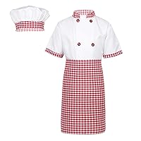 ACSUSS Kids Boys Girls Chef Costume White Jacket with Apron Hat Set Cooking Baking Outfit