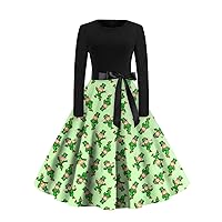Women's St Patricks Day Dress Vintage Classic Dress Long Sleeve Print Round Neck Swing Dress St, S-2XL