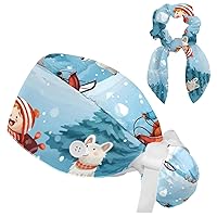 Christmas Sleigh Pattern E Working Cap Hats with Bow Scrunchy, Adjustable Scrub Caps for Women with Button and Sweatband