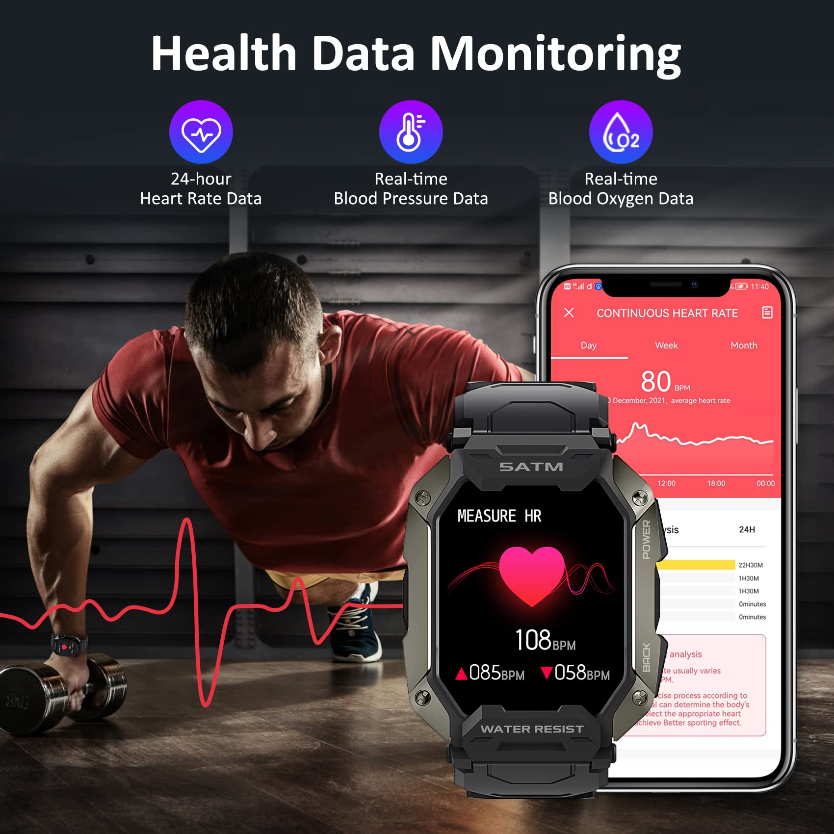 AMAZTIM Smart Watches for Men Women-5ATM/IP69K Waterproof Fitness Tracker for Android iPhones with Heart Rate Blood Pressure Monitor - 1.71''Tactical Military Sports (Black)
