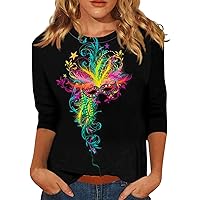 Mardi Gras Shirts for Women 3/4 Sleeve Crewneck Color Block Graphic Tshirts Going Out Holiday Tops for Women