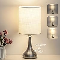 Boncoo Touch Control Table Lamp, 3 Way Dimmable Simple Night Light Lamp with White Lampshade Silver Metal Base, Small Bedside Table Lamp for Bedroom, Office, Dorm, A19 9W 3000K Bulb Included