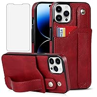Design for iPhone 14 Pro Phone Case with Screen Protector Adjustable Wrist Strap Kickstand Credit Card Slot Slim Shockproof Hybrid Rugged Protective Cover for iPhone14pro Women Men Girls 6.1 inch Red