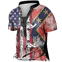 Men's Short Sleeve Henley Shirts U.S Flag Patriotic Men's 1776 Independence Day American Flag Print Golf Tshirts