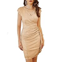 GRACE KARIN Women Sexy Sequin Party Dresses Sleeveless Wrap V Neck Bodycon Ruched Dress Champagne M