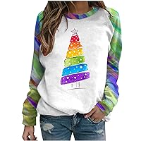 TUNUSKAT Christmas Sweaters For Women Plus Size Rainbow Christmas Tree Sweatshirt Colorful Raglan Long Sleeve Holiday Shirts