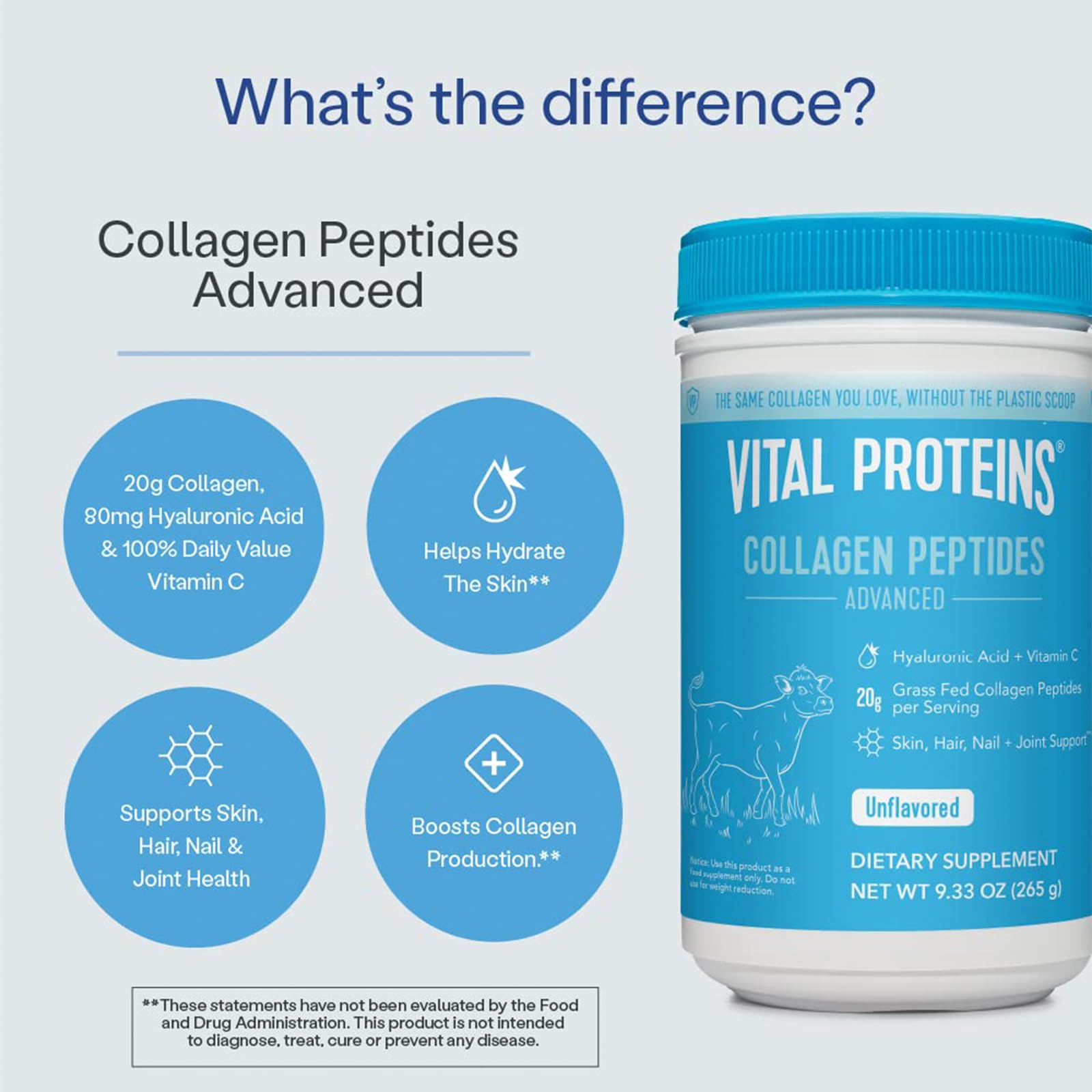 Vital Proteins Collagen Peptides Powder, with Hyaluronic Acid and Vitamin C, Unflavored, 9.33 Ounce