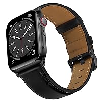 Compatible with Apple Watch Band 49mm 45mm 44mm 42mm, Men Women Genuine Leather Band Replacement Strap for iWatch Band Series Ultra 2/1 SE 9 8 7 6 5 4 3 2 1, Black/Black