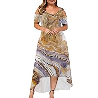 Summer Dresses for Women, 2024 Boho Round Neck Short Sleeve Smocked Print Casual A Line Long Maxi Dress Cute Women Spring and Dresses Plus Size Sun Sleeves Casual Dresses (4XL, Gold)