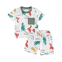 Toddler Baby Boy Dinosaur Outfit Dino Pocket Short Sleeve T-Shirt Elastic Shorts Set 2Pcs Summer Vacation Clothes