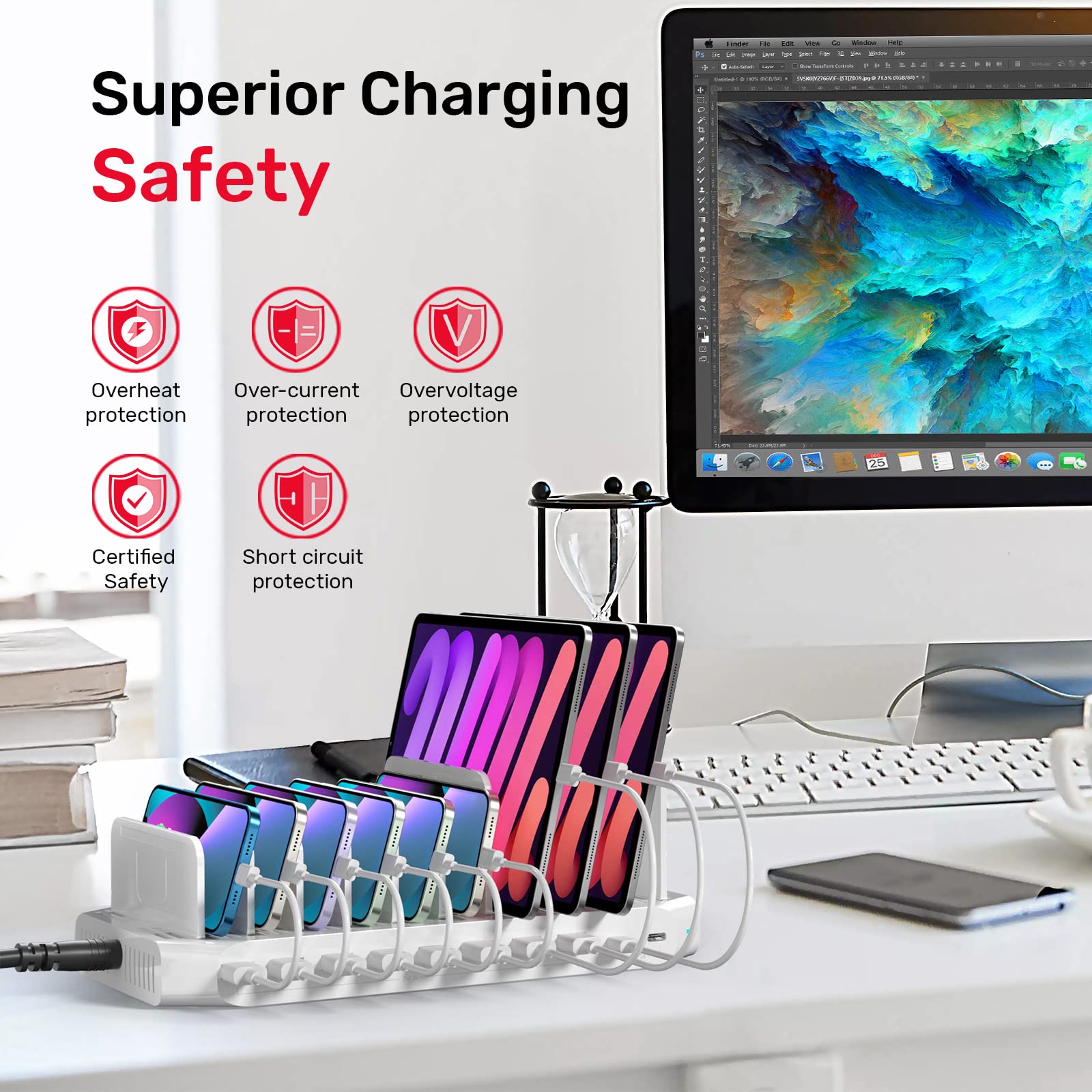 Unitek USB C Charging Station, 120W 10 Port Type C Charging Organizer for Multiple Devices, iPhone, Smartphones, Tablets, Supports 10 iPads Charging Simultaneously- [UL Certified]