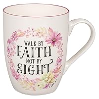 Christian Art Gifts Inspirational Scripture Ceramic Coffee & Tea Mug for Women: Walk by Faith Encouraging Bible Verse Cup, Microwave & Dishwasher Safe, Lead-free, White & Pink Floral Wreath, 12 oz.