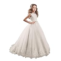 Ivory Long Lace Flower Girl Dress Champagne Party Dress(10,All-White)