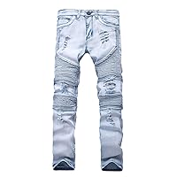 Andongnywell Mens Distressed Biker Slim Jeans Stretched Ripped Denim Pants Skinny Destroyed Fashion Stretch Jeans
