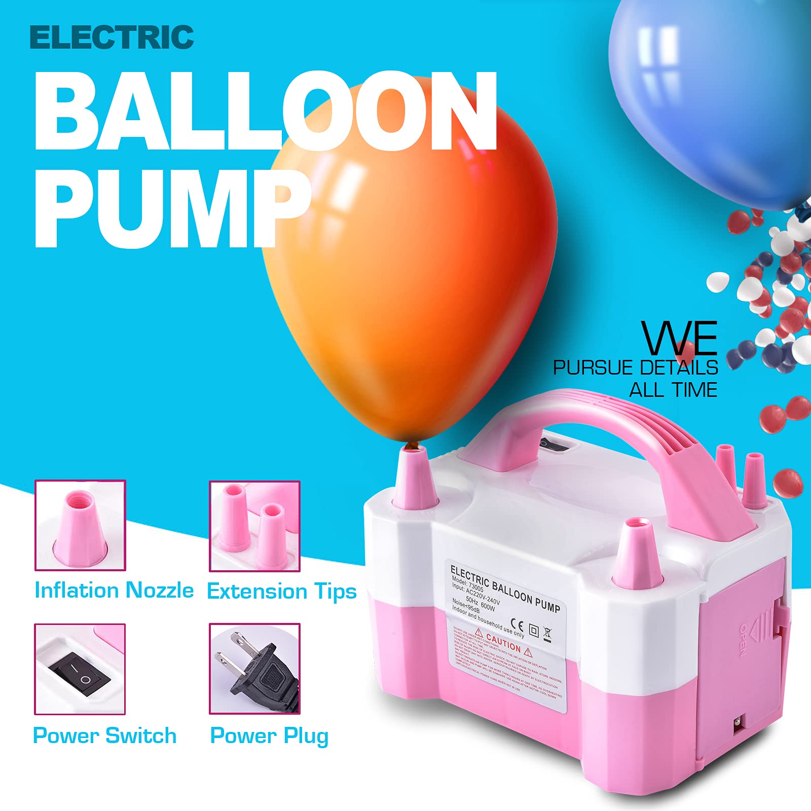 YIKEDA Electric Air Balloon Pump, Portable Dual Nozzle Electric Balloon Inflator/Blower for Party Decoration,Used to Quickly Fill Balloons - 110V 600W [Pink]